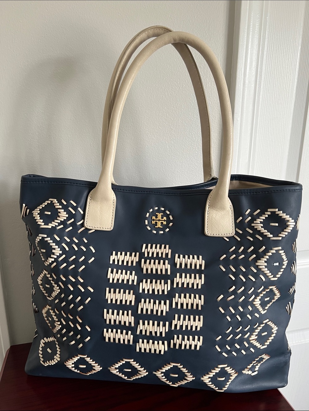 Tory Burch Navy Leather Tote with Cream Woven Accents